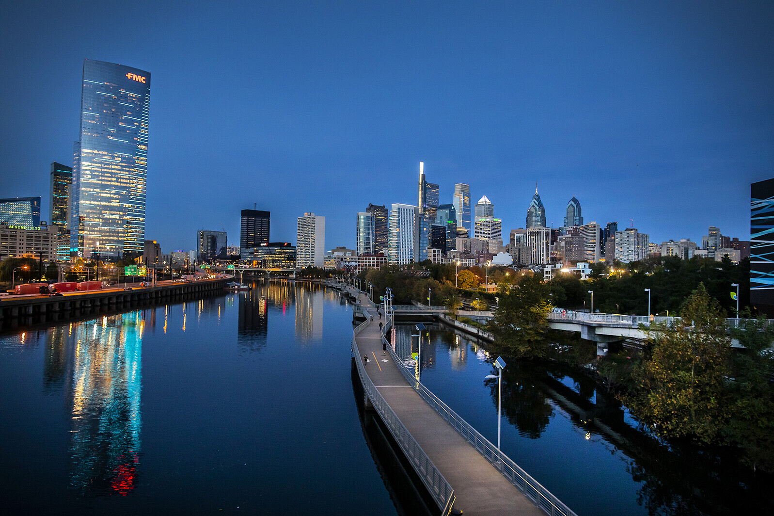 Nighttime skyline of the Schuylkill River Trail